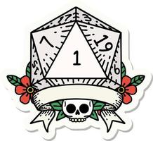 sticker of a natural one d20 dice roll vector