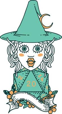 Retro Tattoo Style elf mage character with natural twenty dice roll