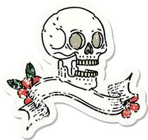 worn old sticker with banner of a skull vector