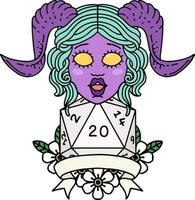 Retro Tattoo Style tiefling with natural twenty dice roll vector