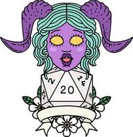 Retro Tattoo Style tiefling with natural twenty dice roll vector