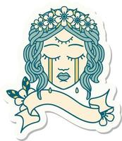 pegatina estilo tatuaje con pancarta de rostro femenino con tercer ojo y corona de flores llorando vector