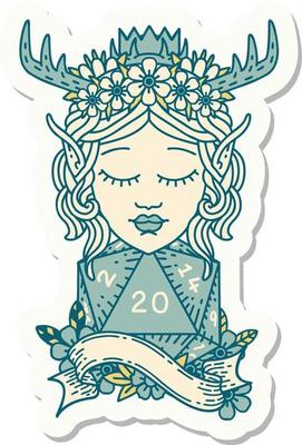 sticker of a elf druid character with natural twenty dice roll