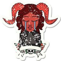 Retro Tattoo Style crying tiefling face with natural one d20 vector