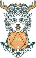 Retro Tattoo Style elf druid character with nautral twenty dice roll vector