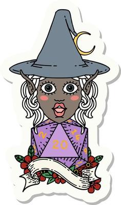 sticker of a elf mage character with natural twenty dice roll
