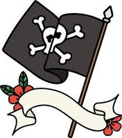 tatuaje tradicional con estandarte de una bandera pirata vector