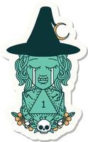 sticker of a sad half orc witch character with natural one D20 roll vector