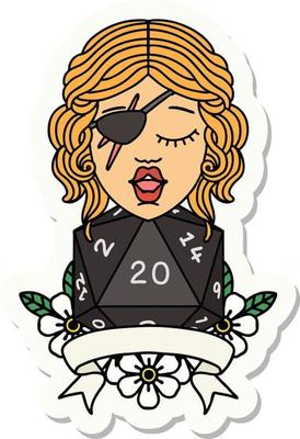 sticker of a human rogue with natural 20 dice roll