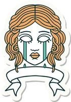 tattoo style sticker with banner of female face crying vector