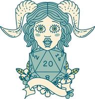 Retro Tattoo Style tiefling with natural twenty dice roll vector