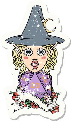 grunge sticker of a elf mage character with natural twenty dice roll