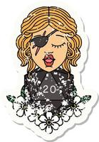 grunge sticker of a human rogue with natural twenty dice roll vector