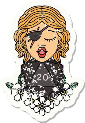 grunge sticker of a human rogue with natural twenty dice roll