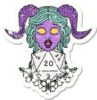 grunge sticker of a tiefling with natural twenty dice roll vector