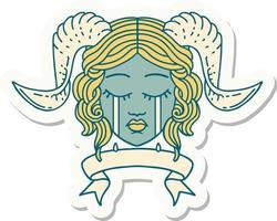 sticker of a crying tiefling character face with scroll banner vector