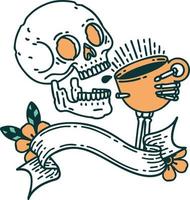 tatuaje tradicional con pancarta de una calavera bebiendo café vector