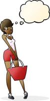 cartoon attractive woman shopping with thought bubble vector