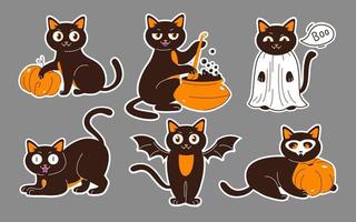 Halloween cats stickers. Black cats with a pumpkin, in costumes and with a potion. Flat vector illustration
