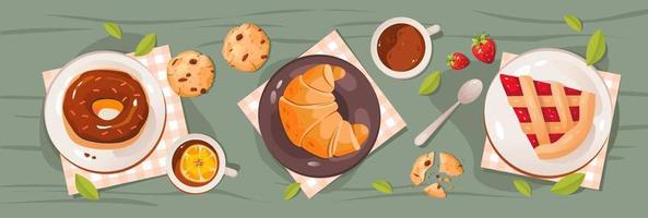 Breakfast in nature. A set of tea party products, donuts, strawberry pie, croissant, cookies, coffee and tea. Flat vector illustration