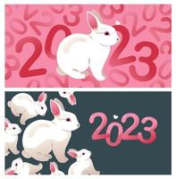 A banner with a New Year's rabbit in 2023. A postcard with cute rabbits. Cartoon vector illustration