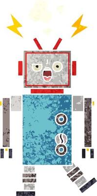 retro illustration style cartoon broken robot