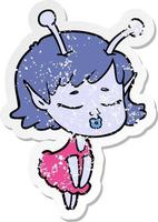 distressed sticker of a cute alien girl cartoon vector