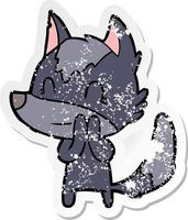 distressed sticker of a friendly cartoon wolf vector