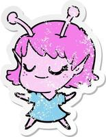 distressed sticker of a smiling alien girl cartoon vector