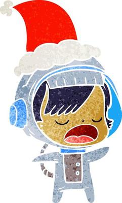 retro cartoon of a talking astronaut woman wearing santa hat