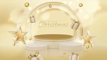 Christmas background and product display podium with gift box decorations and golden ball and 3d star with glitter light effect and bokeh elements. vector