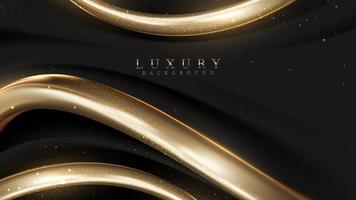 Luxury black abstract background with realistic 3d gold line decoration and sparkling light elements. vector