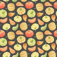 GREY VECTOR SEAMLESS PATTERN WITH MULTICOLORED WATERCOLOR PUMPKINS
