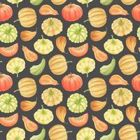 GREY VECTOR SEAMLESS PATTERN WITH MULTICOLORED WATERCOLOR PUMPKINS