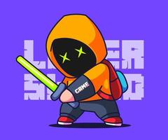 lindo niño jugando con espada láser ilustración robot icono de vector de dibujos animados.