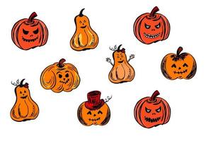 conjunto de calabazas divertidas y lindas para las vacaciones de halloween. calabazas con sonrisa para el diseño. vectorial, ilustración. vector