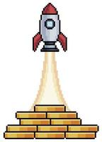 Pixel art rocket taking off from stack of coins vector icon for 8bit game on white background