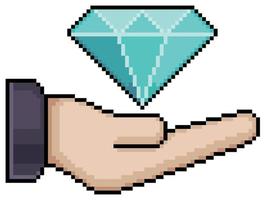 Pixel art hand holding diamond stone vector icon for 8bit game on white background