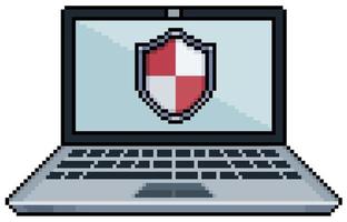 Pixel art laptop with antivirus shield vector icon for 8bit game on white background