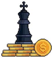 Pixel art chess king over stack of money and coins vector icon for 8bit game on white background