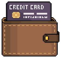 Pixel art wallet with credit card vector icon for 8bit game on white background