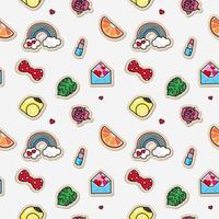 Seamless pattern of rainbow stickers, roses, hearts, monstera leaves, citrus, bows and lipstick. Abstract background from cartoon objects vector