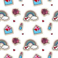 Seamless pattern of rainbow stickers, roses, hearts and lipstick. Abstract background from cartoon objects vector