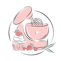 Cake shop logo. Planetary stationary dough mixer, cupcake and berries. Vector illustration on white background