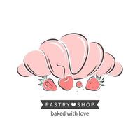 Croissant or bagel and berries. Pastry and bread shop. Vector illustration for logo, menu, recipe book, baking shop, cafe, restaurant.