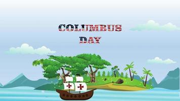 Animated Columbus Day Background with United States Flag text cartoon , land and Ship, .  Suitable to place on video content with this theme