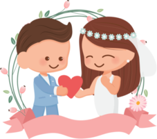 schattig bruiloft paar in bloem krans vlak stijl voor Valentijnsdag dag of bruiloft kaart png