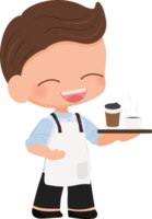 cute cartoon young coffee cafe waiter or barista in blue shirt uniform png