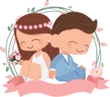 cute wedding couple in flower wreath flat style for valentine's day or wedding card png