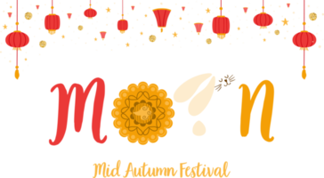 Moon festival asian holiday. Lettering moon with rabbit, mooncake. Chinese translate Mid Autumn Festival. Cute night horizontal banner for Korean Chuseok Japanese Tsukimi. Moon PNG illustration.